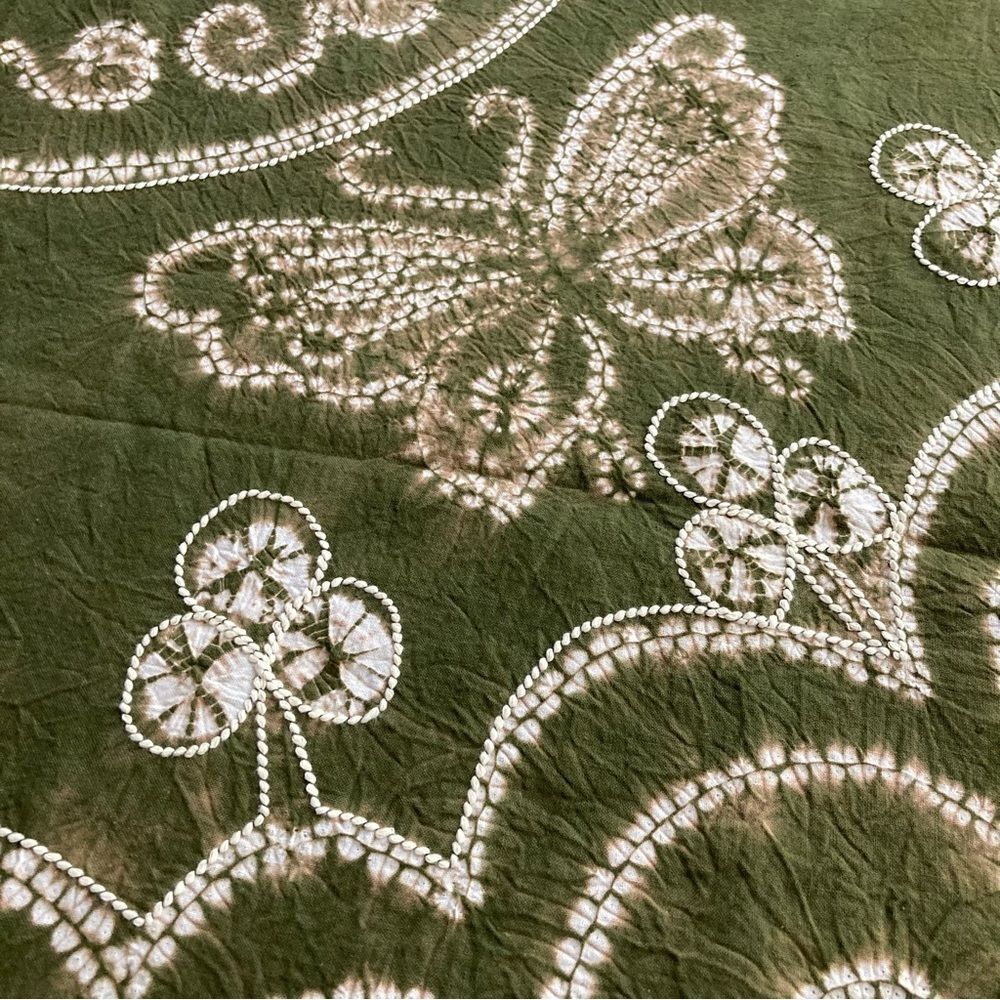 Hand Dyed Scarf Stitched Shibori Embroidered Olive Green Tie Dye 42" Square - Picture 2 of 8